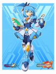  1girl aqua_eyes aqua_hair armor eyebrows_visible_through_hair headphones highres holding navigator rico_(rockman) rockman rockman_x rockman_x_dive rockman_zx side_ponytail smile stylus tomycase 