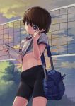  1girl absurdres bag bandaged_fingers bandages bangs bike_shorts black_shorts blurry blurry_background brown_eyes brown_hair carrying closed_mouth cloud cloudy_sky depth_of_field duffel_bag dusk eyebrows_visible_through_hair girls_und_panzer gradient_sky gym_shirt gym_uniform head_tilt highres holding holding_notepad isobe_noriko lifted_by_self notepad outdoors shirt shirt_lift short_hair short_shorts short_sleeves shorts sky solo sports_bra standing t-shirt tree volleyball_net white_shirt wiping_sweat zhongye_yu 