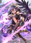  1girl armor black_gloves black_wings blush book company_name copyright_name feathered_wings fingerless_gloves fire_emblem fire_emblem_cipher gloves high_heels holding holding_book i-la official_art open_mouth purple_eyes purple_hair solo_focus wings yuzu_(fire_emblem) 