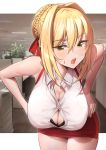  1girl ahoge bangs bare_shoulders black_bra blonde_hair blush bra braid breasts cleavage collarbone collared_shirt earrings fate/extra fate_(series) french_braid green_eyes hair_between_eyes hair_bun hair_intakes hair_ribbon hands_on_hips highres hoop_earrings jewelry k_pring large_breasts leaning_forward long_hair nero_claudius_(fate) nero_claudius_(fate)_(all) office_lady open_mouth pencil_skirt red_ribbon red_skirt ribbon shirt skirt sleeveless sleeveless_shirt solo thighs underwear white_shirt 