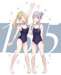  2girls ;d absurdres alternate_hairstyle arm_up bang_dream! bangs bare_shoulders barefoot blonde_hair blue_swimsuit breasts chizoku_sawa cleavage collarbone commentary_request covered_navel eyebrows_visible_through_hair full_body grey_hair hair_between_eyes hair_bun highres long_hair looking_at_viewer medium_breasts minato_yukina multiple_girls number one-piece_swimsuit one_eye_closed open_mouth ponytail purple_nails school_swimsuit sidelocks small_breasts smile standing star starry_background swimsuit tied_hair tiptoes tsurumaki_kokoro upper_teeth white_background yellow_eyes yellow_nails 