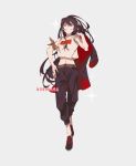  1girl :d alternate_costume belt black_hair black_legwear brown_belt casual fate/grand_order fate_(series) hand_on_hip highres holding holding_jacket jacket jacket_removed koha-ace long_hair midriff navel oda_nobunaga_(fate) oda_nobunaga_(fate)_(all) open_mouth pants red_eyes red_footwear red_jacket shirt shoes smile solo sparkle suto_(sakumaaritsu) t-shirt tagme white_shirt 