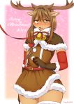  anthro antlers armwear blush brown_gloves cervid clothed clothing english_text fur glistening glistening_hair gloves hair handwear hi_res horn inner_ear_fluff looking_at_viewer mammal open_mouth red_armwear red_clothing solo text tongue tuft white_clothing wolfox004 