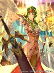  1girl armor company_name copyright_name dress elincia_ridell_crimea feathered_wings fire_emblem fire_emblem:_path_of_radiance fire_emblem_cipher green_hair holding holding_shield holding_staff long_hair official_art orange_eyes parted_lips pegasus shield sky solo_focus staff suzuki_rika sword weapon white_wings wings 