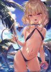  1girl :d bikini black_bikini blonde_hair breasts contrapposto cowboy_shot demon_girl demon_tail eyebrows_visible_through_hair fanbox_reward fang halterneck highres kedama_milk lifted_by_self low_wings micro_bikini navel open_mouth original paid_reward pointy_ears red_eyes short_hair_with_long_locks sidelocks slit_pupils small_breasts smile solo stomach_tattoo strap_lift swimsuit tail tattoo wading wings 