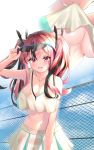  1girl :d adjusting_eyewear ayakura_maki azur_lane bangs bare_shoulders black_hair blue_sky breasts bremerton_(azur_lane) bremerton_(scorching-hot_training)_(azur_lane) chain-link_fence cleavage cloud collarbone commentary_request cowboy_shot crop_top crop_top_overhang day eyebrows_visible_through_hair eyewear_on_head fence green_skirt hair_between_eyes hair_intakes hair_ornament heart heart_necklace highres large_breasts leaning_forward lifted_by_self long_hair looking_at_viewer midriff mouth_hold multicolored_hair multiple_views navel no_mole open_mouth outdoors pink_eyes pink_hair see-through shirt shirt_lift sidelocks skirt sky sleeveless sleeveless_shirt smile sportswear standing streaked_hair sunglasses tennis_uniform twintails two-tone_hair two-tone_shirt two-tone_skirt underboob wet wet_clothes wet_shirt wet_skirt white_shirt white_skirt 