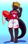  anthro black_body blonde_hair bottomwear clothed clothing hair hair_over_eyes hi_res lifeguard lounge_(character) male mammal mustelid otto0ttsy rescue rescue_buoy simple_background smile solo toes topwear whistle 
