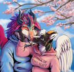  anthro breasts clothed clothing day detailed_background duo feathered_wings feathers female hi_res horn marjani outside pink_nose sky smile white_body white_feathers wings 