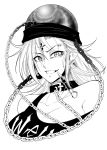  +_+ 1girl black_shirt breasts chain cleavage clothes_writing earrings hecatia_lapislazuli highres jewelry leather_choker looking_at_viewer monochrome off-shoulder_shirt off_shoulder piercing pipe polos_crown shirt smile t-shirt tattoo touhou upper_body warugaki_(sk-ii) 