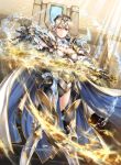  1girl armor breasts cape cleavage closed_mouth company_name copyright_name corrin_(fire_emblem) corrin_(fire_emblem)_(female) fire_emblem fire_emblem_cipher fire_emblem_fates holding holding_sword holding_weapon long_hair official_art pointy_ears red_eyes solo sword tiara weapon white_hair yamada_koutarou 