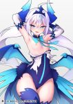  1girl :d armpits blue_eyes blue_horns blue_legwear blue_wings blush breasts cameltoe commentary_request detached_sleeves elsword horns leotard long_hair looking_at_viewer luciela_r._sourcream nipples noblesse_(elsword) open_mouth patreon_username pointy_ears revision simple_background small_breasts smile solo standing star star-shaped_pupils strapless strapless_leotard symbol-shaped_pupils thighhighs waero white_background white_hair wings 