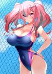  1girl azur_lane bangs bare_shoulders blue_sky blue_swimsuit blush breasts bremerton_(azur_lane) chain-link_fence cleavage collarbone covered_navel fence hair_between_eyes hair_ornament hairclip hand_on_own_chest highleg highleg_swimsuit highres large_breasts long_hair looking_at_viewer mole mole_on_breast multicolored_hair one-piece_swimsuit pink_eyes pink_hair sankakusui sidelocks sky solo streaked_hair swimsuit thighs twintails 