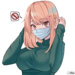  1girl adjusting_hair bangs breasts brown_eyes coronavirus coronavirus_pandemic eyebrows_visible_through_hair green_sweater hair_ornament hairclip harris_hero highres large_breasts long_hair mask mouth_mask orange_hair original signature solo speech_bubble surgical_mask sweater virus 