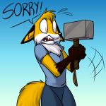  1:1 anthro canid canine chest_tuft clothed clothing dialogue english_text fox foxenawolf fur gloves_(marking) gradient_background male mammal markings mjolnir open_mouth simple_background solo text tuft yellow_body yellow_fur 
