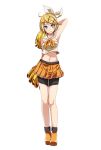  1girl ahoge arm_behind_back arm_behind_head arm_up armpits bangs bike_shorts black_shorts blonde_hair bow cheerleader collarbone crop_top full_body hair_between_eyes hair_ornament hairband highres kagamine_rin looking_at_viewer midriff miniskirt navel pleated_skirt pom_poms project_diva_(series) shiny shiny_hair short_hair shorts shorts_under_skirt simple_background sing&amp;smile_(vocaloid) skirt solo standing stomach strapless swept_bangs tsukishiro_saika vocaloid white_background white_hairband yellow_bow yellow_footwear yellow_skirt 