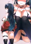  1girl absurdres ahoge ass azur_lane bikini black_bikini black_hair black_legwear blush breasts choker cleavage closed_mouth collarbone eyewear_on_head from_behind glasses grey_background highres jacket large_breasts long_hair looking_at_viewer looking_back mirei multiple_views parted_lips scan scan_artifacts shiny shiny_skin sideboob smile sunglasses swimsuit taihou_(azur_lane) thigh_strap thighhighs thighs v 