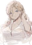  1girl alternate_costume alternate_hairstyle arm_up blonde_hair blue_eyes blush breasts eyebrows_visible_through_hair hair_between_eyes hair_ornament kantai_collection large_breasts long_hair looking_at_viewer mole mole_under_eye mole_under_mouth richelieu_(kantai_collection) shirt simple_background solo white_shirt yamashiki_(orca_buteo) 