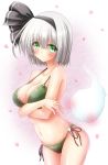  1girl bangs bare_arms bare_shoulders bikini black_hairband black_ribbon blush breasts cleavage collarbone commentary_request cowboy_shot eyebrows_visible_through_hair green_bikini green_eyes hair_between_eyes hair_ribbon hairband highres hitodama konpaku_youmu konpaku_youmu_(ghost) large_breasts looking_at_viewer navel osashin_(osada) partial_commentary petals ribbon shiny shiny_skin short_hair side-tie_bikini silver_hair solo standing stomach swimsuit thighs touhou 