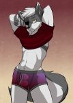  2020 abs absurd_res anthro boxer_briefs bulge canid canine canis clothing eye_patch eyewear fox hi_res hybrid looking_at_viewer male mammal munks_(artist) scar shirt simple_background solo t-shirt topwear underwear undressing wolf yellow_eyes 