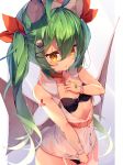  1girl ahoge akashi_(azur_lane) animal_ears azur_lane bell belt bikini black_bikini blush bow brown_belt cat_ears choker dress eyebrows_visible_through_hair green_hair hair_between_eyes hair_ornament hairclip highres long_hair looking_at_viewer mole mole_under_mouth open_mouth semimarusemi shirt swimsuit swimsuit_under_clothes twintails underwear very_long_hair wet wet_clothes wet_shirt 