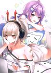  2girls absurdres aqua_eyes ass ayanami_(azur_lane) ayanami_(niconico)_(azur_lane) azur_lane bandaid bangs bare_shoulders bed_sheet breasts brown_eyes cleavage closed_mouth collarbone computer eyebrows_visible_through_hair hair_ornament hand_on_own_cheek headphones highres javelin_(azur_lane) long_hair lying mirei multiple_girls notebook on_stomach open_mouth panties pillow platinum_blonde_hair purple_hair scan scan_artifacts shiny shiny_hair shirt short_sleeves simple_background sleeveless smile t-shirt thighhighs underwear white_legwear 