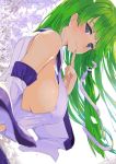  1girl artist_name bangs bare_shoulders blue_eyes blush breasts commentary_request dated detached_sleeves finger_to_mouth from_side green_hair hair_ornament hand_up highres kochiya_sanae large_breasts long_hair looking_at_viewer puuakachan shirt sideboob simple_background smile snake_hair_ornament solo touhou twitter_username upper_body white_background white_shirt 