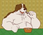  2020 anthro belly canid canine canis cereal cutlery darknessminotaur domestic_dog food fur humanoid_hands kitchen_utensils male mammal milk moobs overweight overweight_male solo spoon tools white_body white_fur 