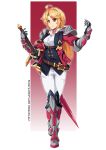  1girl absurdres ahoge belt blonde_hair commentary_request full_body gauntlets greaves highres knight long_hair looking_at_viewer original pants red_eyes shoulder_armor smile solo sword vistahero weapon white_pants 