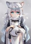  1girl agung_syaeful_anwar animal_ears aqua_eyes arknights hair_ornament holding_tail leopard_ears leopard_tail pramanix_(arknights) solo tail white_hair 