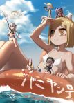  6+girls absurdres bangs barefoot bikini black_bikini blonde_hair blue_sky braid breasts closed_eyes closed_mouth cloud day eyebrows_visible_through_hair fate/grand_order fate_(series) flag flat_chest giantess hair_ribbon highres holding holding_flag horns ibaraki_douji_(fate/grand_order) innertube jack_the_ripper_(fate/apocrypha) jeanne_d&#039;arc_(fate)_(all) jeanne_d&#039;arc_alter_santa_lily long_hair lying multiple_girls navel nursery_rhyme_(fate/extra) ocean on_back on_stomach parted_lips paul_bunyan_(fate/grand_order) purple_hair ribbon saruchitan seaside_luxury shading_eyes silver_hair sitting sky small_breasts smile sunglasses swimsuit tattoo twin_braids twintails very_long_hair white_bikini wu_zetian_(fate/grand_order) yellow_eyes 