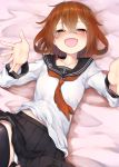  1girl :d bed_sheet black_legwear black_sailor_collar black_skirt blush brown_eyes brown_hair collarbone commentary_request fang hair_between_eyes hair_ornament hairclip highres ikazuchi_(kantai_collection) kamidanomi kantai_collection long_sleeves neckerchief open_mouth panties pleated_skirt red_neckwear sailor_collar school_uniform serafuku short_hair skirt smile solo thighhighs underwear white_panties 