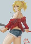  1girl ass bangs blonde_hair braid breasts commentary_request denim denim_shorts eyebrows_visible_through_hair fang fate/grand_order fate_(series) from_behind fur_trim green_eyes grey_background grin hair_ornament hair_scrunchie highres holding holding_sword holding_weapon jacket jewelry long_hair long_sleeves looking_at_viewer mordred_(fate) mordred_(fate)_(all) necklace nida_keita off-shoulder_jacket ponytail red_jacket red_scrunchie scrunchie shorts simple_background smile solo sword weapon 