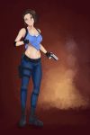  1girl abs absurdres belt black_footwear blue_eyes blue_shirt boots brown_hair denim fingerless_gloves gloves gun handgun highres jeans jill_valentine looking_at_viewer midriff navel open_mouth pants pistol pouch resident_evil resident_evil_3 shirt short_hair simple_background solo standing sweat thwwshark weapon 