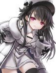  1girl azur_lane black_gloves black_hair black_legwear blush bow breasts cleavage coat ena_tokisaka_(inadumakawaii) eyebrows_visible_through_hair fur_trim gloves hair_bow hat highres large_breasts long_hair long_sleeves looking_at_viewer open_mouth pamiat_merkuria_(azur_lane) purple_eyes russian_clothes simple_background smile solo thighhighs white_background white_headwear 