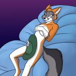  1:1 anthro bedroom_eyes black_nose breasts canid canine clothing covering covering_breasts covering_crotch covering_self female fox foxenawolf fur grey_body grey_fur hat headgear headwear mammal narrowed_eyes nude open_mouth pillow seductive solo 
