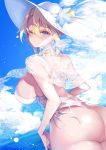  1girl absurdres artoria_pendragon_(all) artoria_pendragon_(swimsuit_ruler)_(fate) ass bangs beach blonde_hair breasts cloud fate/grand_order fate_(series) green_eyes hat highres kanola_u large_breasts looking_at_viewer looking_back parted_lips short_hair sky smile solo sun_hat swimsuit white_swimsuit 