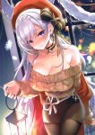  1girl absurdres azur_lane bangs bare_shoulders belfast_(azur_lane) belfast_(shopping_with_the_head_maid)_(azur_lane) beret blue_eyes blush breasts choker cleavage closed_mouth collarbone earrings eyebrows_visible_through_hair fingernails hat highres holding jewelry large_breasts long_hair long_sleeves looking_at_viewer miniskirt mirei pantyhose ribbon scan scan_artifacts silver_hair skirt smile snowflakes snowing solo sweater 
