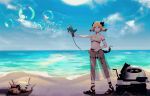  1girl arknights arm_strap bandeau beach bikini black_footwear blonde_hair blue_sky breasts bubble chinese_commentary choker cleavage cloud commentary_request day eyebrows_visible_through_hair full_body highres holding horns ifrit_(arknights) lancet-2_(arknights) low_twintails navel ocean originium_slug_(arknights) red_choker red_eyes robot sandals sarong see-through short_hair sky small_breasts standing stomach strapless strapless_bikini sun swimsuit tail twintails vinnno_jiu water white_bikini 