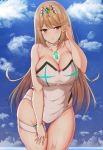  adjusting_hair bangs blonde_hair breasts choker cleavage collarbone cowboy_shot day highres hikari_(xenoblade_2) huge_breasts long_hair noeomi one-piece_swimsuit outdoors sky swept_bangs swimsuit thick_thighs thigh_gap thigh_strap thighs tiara white_swimsuit xenoblade_(series) xenoblade_2 yellow_eyes 