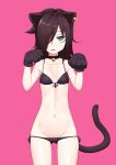  1girl :3 absurdres animal_ears bags_under_eyes bell bell_collar bikini black_cat black_hair cat cat_ears collar earrings flat_chest green_eyes hair_between_eyes hair_over_one_eye highres jewelry koma_neko kuroki_tomoko long_hair navel paw_pose pink_background simple_background smile solo swimsuit watashi_ga_motenai_no_wa_dou_kangaetemo_omaera_ga_warui! 