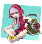  1girl artist_name bangs bike_shorts black_shorts blue_eyes blunt_bangs blunt_ends commentary domino_mask ear_piercing earrings explosher_(splatoon) fangs full_body green_background grey_hair gym_shorts hand_on_own_knee highres hood hood_down inkling jewelry long_hair looking_at_viewer mask no_legwear outside_border piercing pointy_ears red_shirt shirt shoes shorts signature sitting sleeveless sleeveless_shirt sneakers solo splatoon_(series) splatoon_2 stud_earrings takeko_spla tentacle_hair watch wristwatch yellow_footwear 