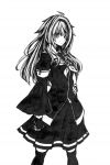  1girl absurdres ahoge asymmetrical_sleeves bangs commentary_request eyebrows_visible_through_hair fingerless_gloves gloves greyscale hair_between_eyes hairband hand_on_hip highres kantai_collection long_hair looking_at_viewer monochrome neckerchief nib_pen_(medium) pleated_skirt remodel_(kantai_collection) sailor_collar school_uniform serafuku shiratsuyu_(kantai_collection) sidelocks simple_background skirt smile solo thighhighs todoroki traditional_media whistle whistle_around_neck white_background wide_sleeves zettai_ryouiki zipper 