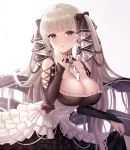  1girl azur_lane bangs bare_shoulders between_breasts black_dress blue_blood_moon blush breasts bridal_gauntlets cleavage dress earrings formidable_(azur_lane) frilled_dress frills grey_hair hair_ribbon jewelry large_breasts long_hair looking_at_viewer open_mouth red_eyes ribbon simple_background solo twintails two-tone_dress two-tone_ribbon very_long_hair white_background 