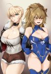  2girls absurdres ahoge animal_ear_fluff animal_ears arknights artoria_pendragon_(all) artoria_pendragon_(lancer) artoria_pendragon_(lancer)_(cosplay) bangs bare_shoulders black_collar black_jacket blonde_hair blue_gloves blue_legwear blue_leotard blush braid breasts brown_eyes brown_hair brown_shorts cleavage collar collarbone commentary cosplay costume_switch covered_navel cowboy_shot elbow_gloves eyebrows_visible_through_hair fang fate_(series) fur-trimmed_jacket fur-trimmed_shorts fur_trim gloves green_eyes grey_background groin hair_between_eyes highres jacket kawasumi_ayako large_breasts leotard lion_ears long_hair looking_at_viewer multiple_girls nose_blush open_clothes open_jacket open_mouth parted_lips seiyuu_connection shirt short_shorts shorts sidelocks siege_(arknights) siege_(arknights)_(cosplay) standing t-shirt thick_thighs thighhighs thighs white_shirt xkit 