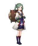  1girl bangs boots closed_mouth dress fire_emblem fire_emblem_fates fire_emblem_heroes full_body green_hair highres japanese_clothes long_hair long_sleeves looking_at_viewer midori_(fire_emblem) official_art purple_eyes shiny shiny_hair smile solo standing tied_hair transparent_background twintails 