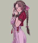  1girl absurdres adjusting_hair aerith_gainsborough bow bracelet braid braided_ponytail breasts brown_hair cleavage cropped_jacket dress final_fantasy final_fantasy_vii final_fantasy_vii_remake green_eyes grey_background hair_bow highres jacket jewelry looking_at_viewer pink_dress red_jacket simple_background smile solo upper_body yamashita_shun&#039;ya 