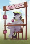  2020 anthro anus blue_eyes chair cup cutie_mark doughnut elli_(livinthelife0friley) equid equine female food fur furniture genitals grass grey_body grey_fur hi_res horse littlenapoleon mammal my_little_pony nude outside pony pussy sign sitting smile solo 