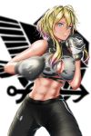  +_+ 1girl abs absurdres ass_visible_through_thighs azur_lane bangs bare_shoulders black_pants blonde_hair blue_eyes boxing_gloves breasts cleavage cleavage_cutout clenched_teeth commentary_request covered_collarbone cowboy_shot eagle_union_(emblem)_(azur_lane) groin gyaru hair_between_eyes hair_ornament hairclip highres keke_(akuringo731) large_breasts looking_at_viewer marblehead_(azur_lane) marblehead_(boxing_girl!)_(azur_lane) midriff motion_blur multicolored_hair navel pants pink_hair punching short_hair_with_long_locks simple_background solo sports_bra standing sweat symbol-shaped_pupils teeth track_pants two-tone_hair white_background 