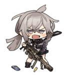  1girl ahoge bolt_action casing_ejection cheytac_m200 chibi girls_frontline gun holding holding_gun holding_weapon itsuki_tasuku jacket lavender_eyes long_hair m200_(girls_frontline) open_mouth rifle shell_casing silver_hair sniper_rifle solo weapon 