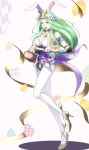  1girl absurdres animal_ears basket breasts bunny_ears bunny_tail cleavage easter_egg egg fake_animal_ears fake_tail fire_emblem fire_emblem:_three_houses fire_emblem_heroes flower full_body green_eyes green_hair gzo1206 hair_flower hair_ornament heart heart_hands high_heels highres long_hair open_mouth rhea_(fire_emblem) solo tail tiara white_legwear 